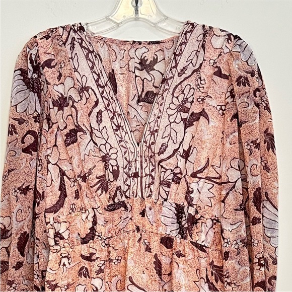 094. O.P.T Pink Floral Ruffle Long Sleeve V-Neck Dress - Picture 4 of 7